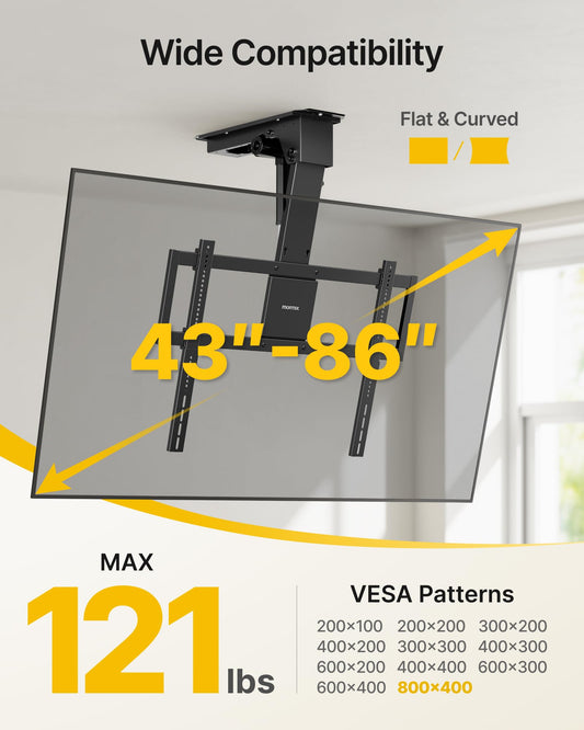 monTEK ceiling mount, 43–86”, heavy-duty, motorized, app & voice control.