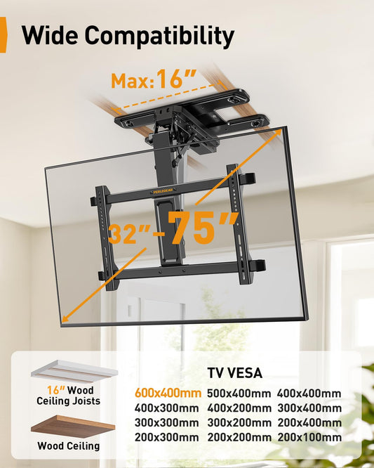 Perlegear ceiling mount, 32–75”, motorized, app & remote, holds 110 lbs.