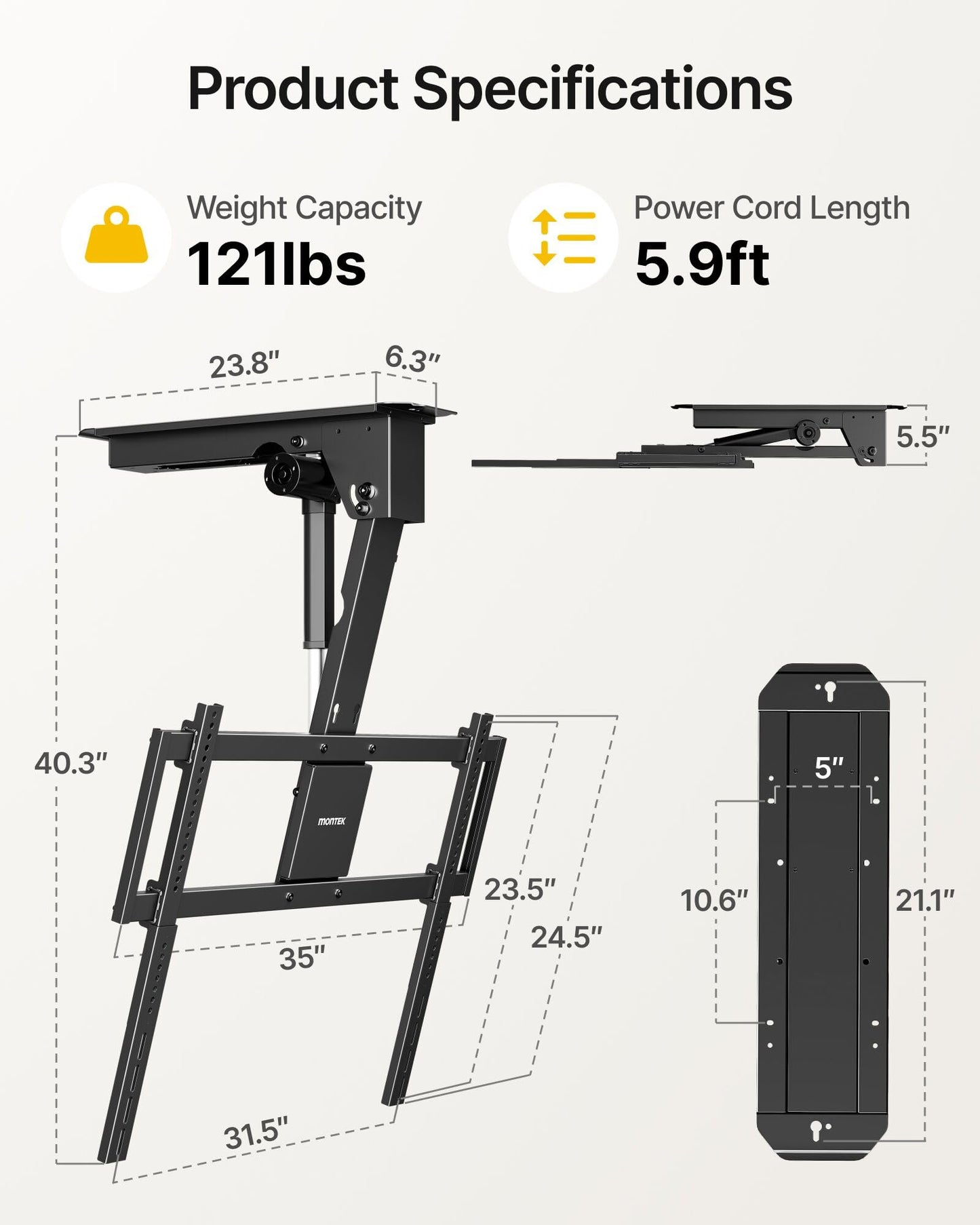 monTEK ceiling mount, 43–86”, heavy-duty, motorized, app & voice control.