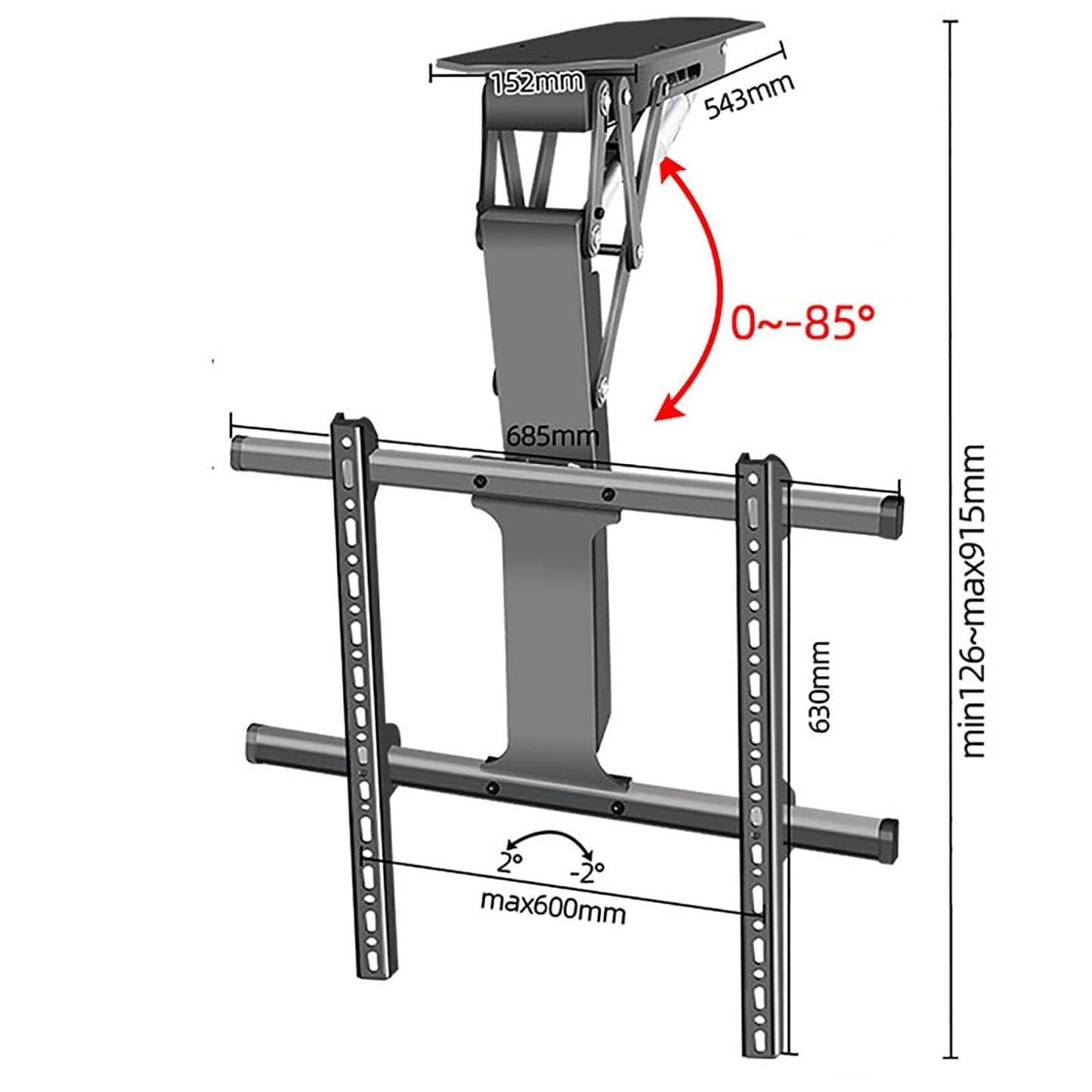 Electric ceiling TV mount, 50–90”, motorized, 0–85° fold, remote control.