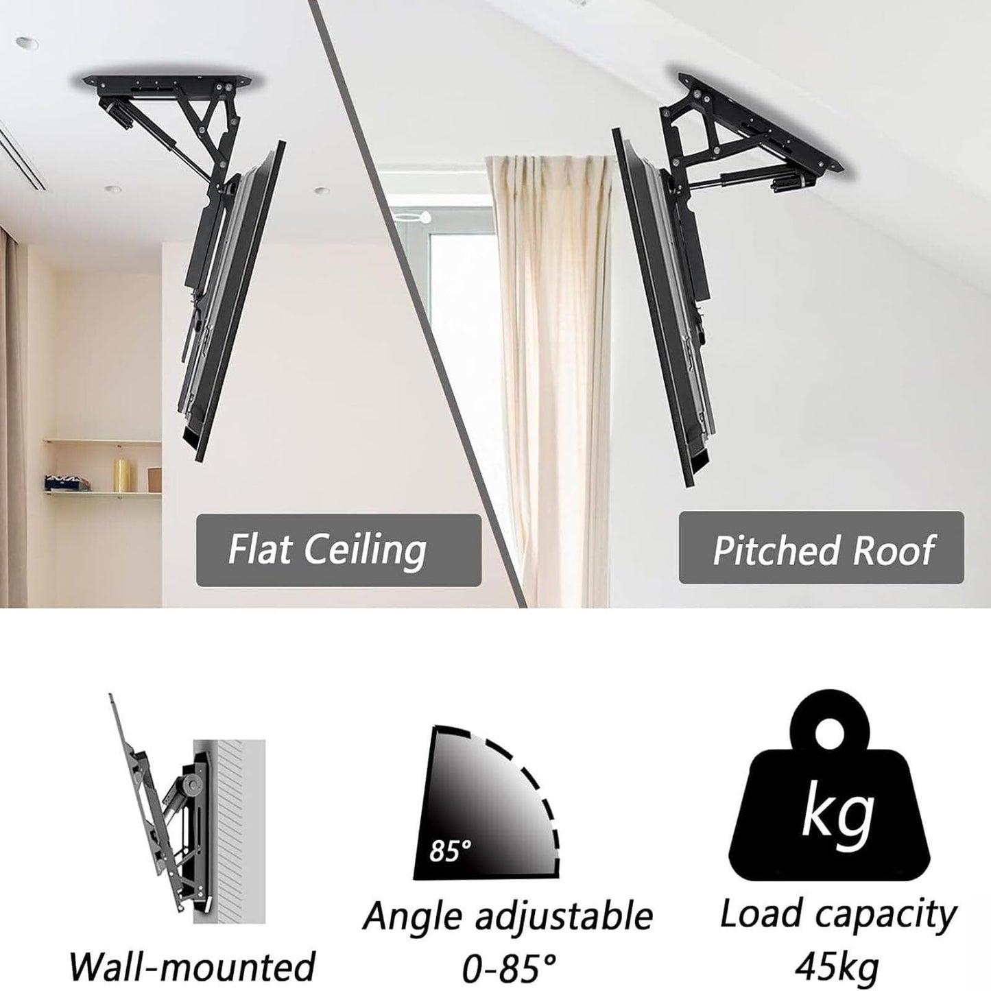 Electric ceiling TV mount, 50–90”, motorized, 0–85° fold, remote control.