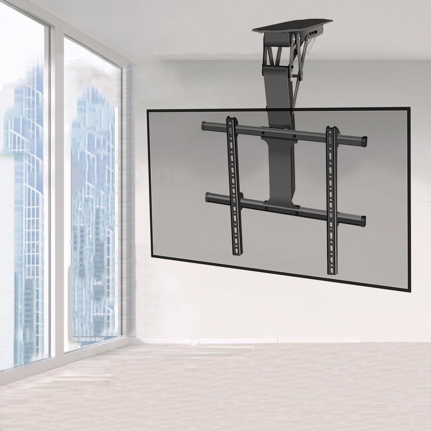 Electric ceiling TV mount, 50–90”, motorized, 0–85° fold, remote control.