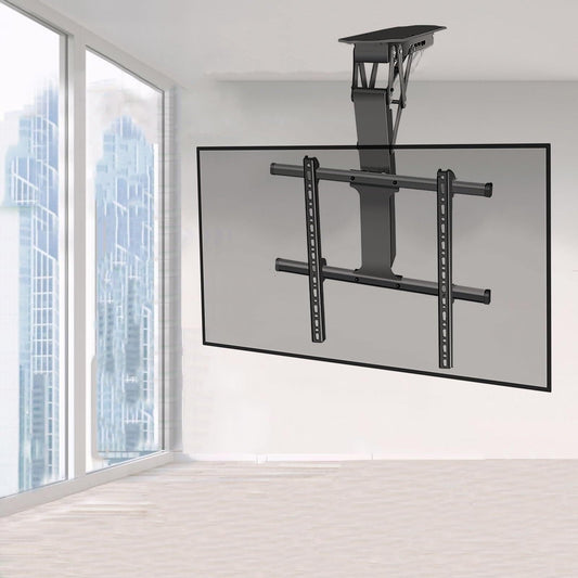 Electric ceiling TV mount, 50–90”, motorized, 0–85° fold, remote control.