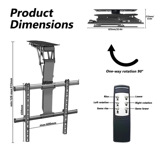 Motorized ceiling mount, 32–70”, 0–90° rotation, remote control, full motion.