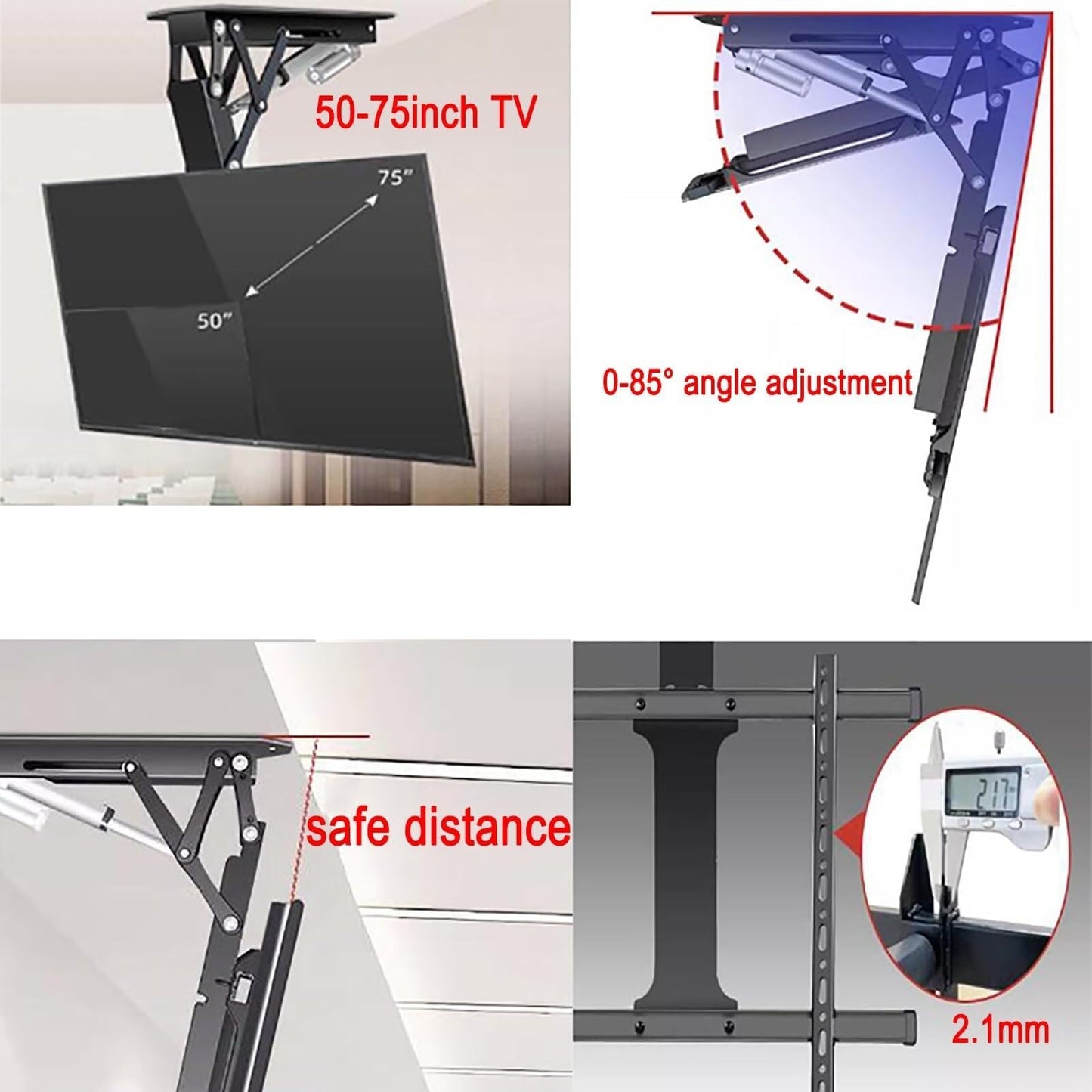 Electric ceiling TV mount, 50–90”, motorized, 0–85° fold, remote control.