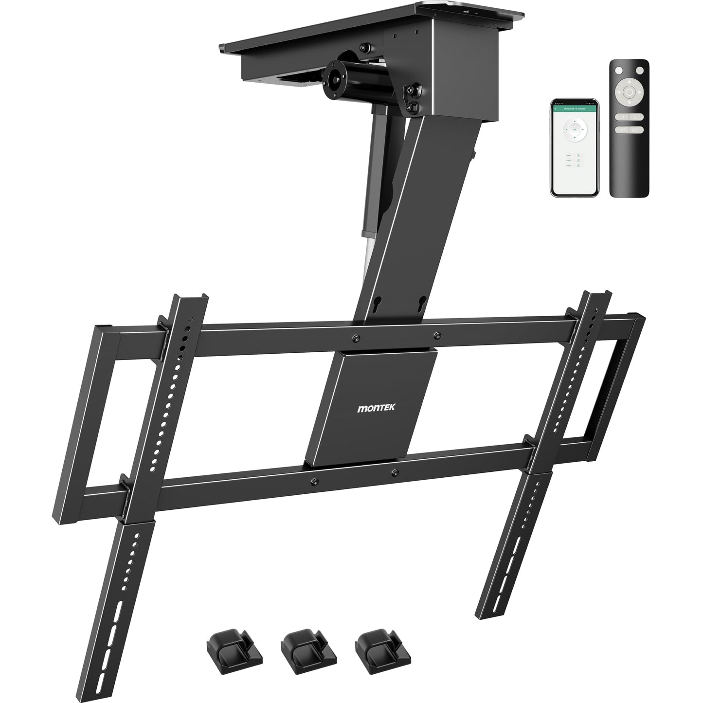 monTEK ceiling mount, 43–86”, heavy-duty, motorized, app & voice control.