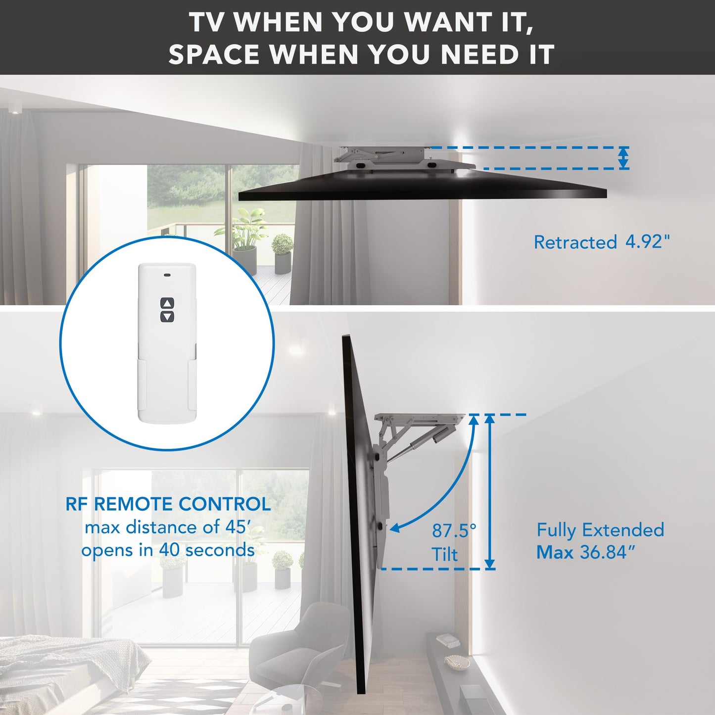 Mount-It! ceiling mount, 50–90”, motorized flip-down, space-saving, remote control.