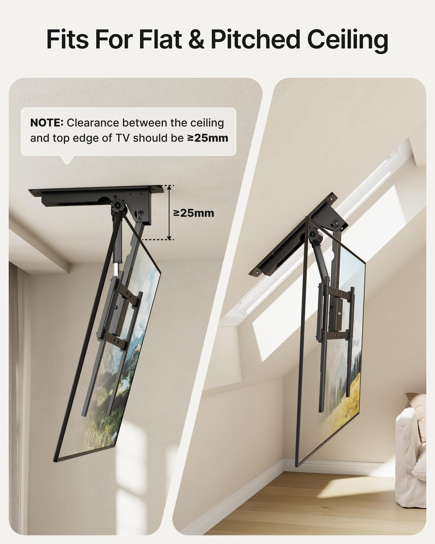 monTEK ceiling mount, 43–86”, heavy-duty, motorized, app & voice control.