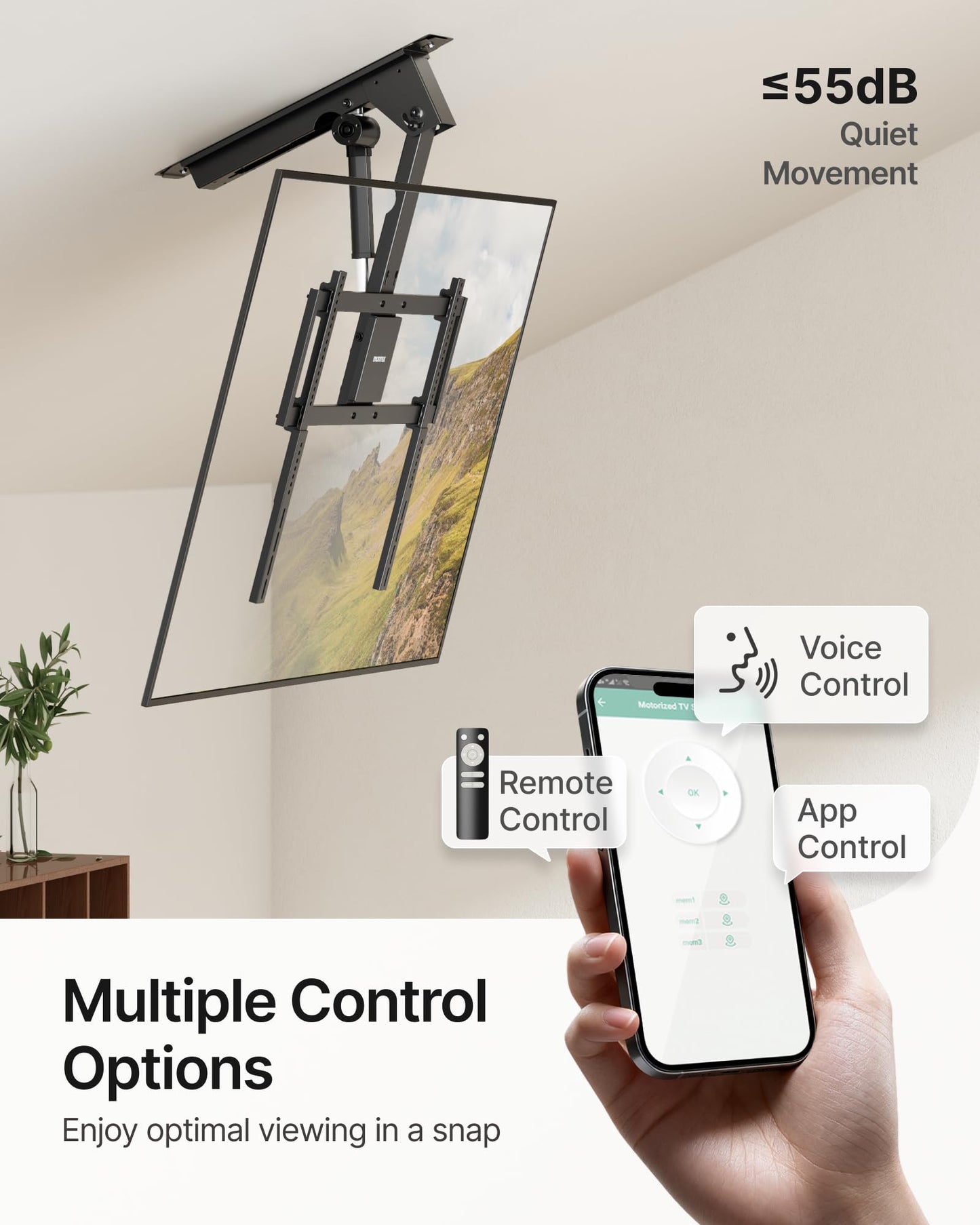 monTEK ceiling mount, 43–86”, heavy-duty, motorized, app & voice control.