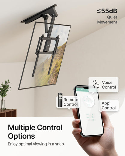 monTEK ceiling mount, 43–86”, heavy-duty, motorized, app & voice control.