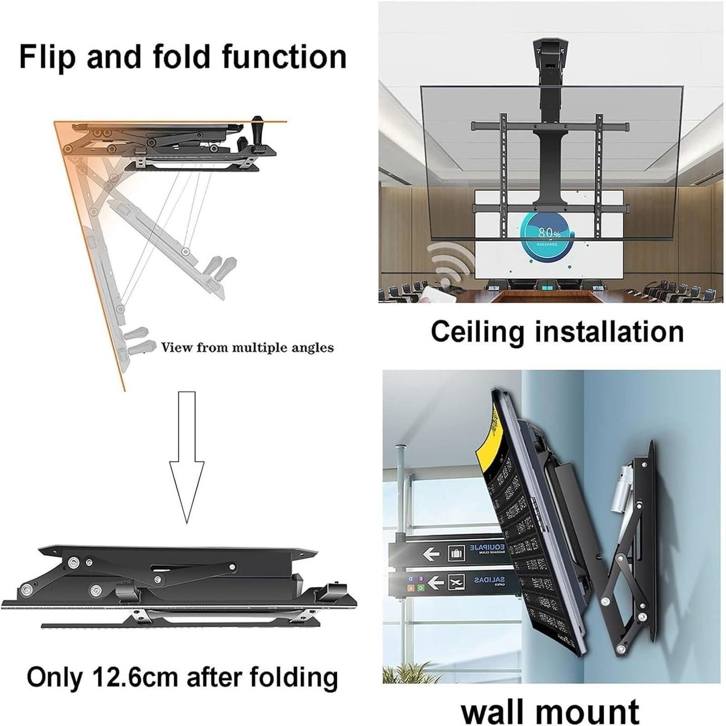 Electric ceiling TV mount, 50–90”, motorized, 0–85° fold, remote control.