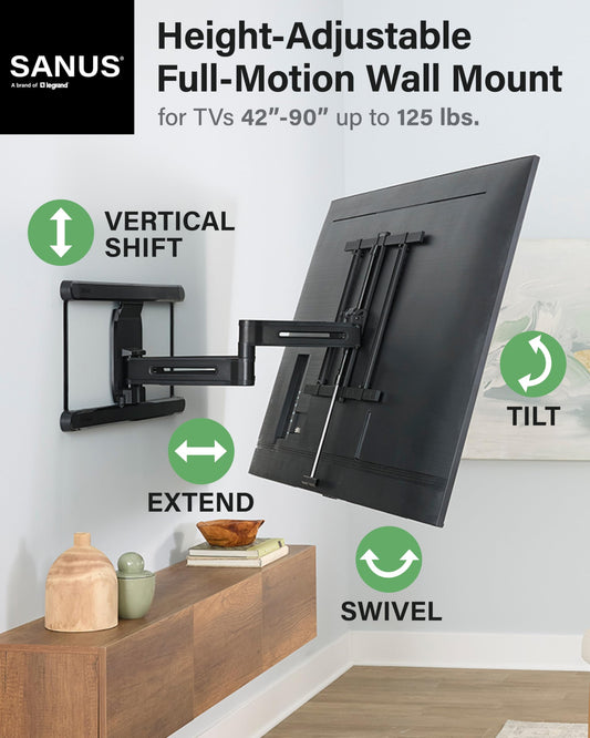 SANUS adjustable mount, 42–90”, height adjustable, tilt, swivel & extend.