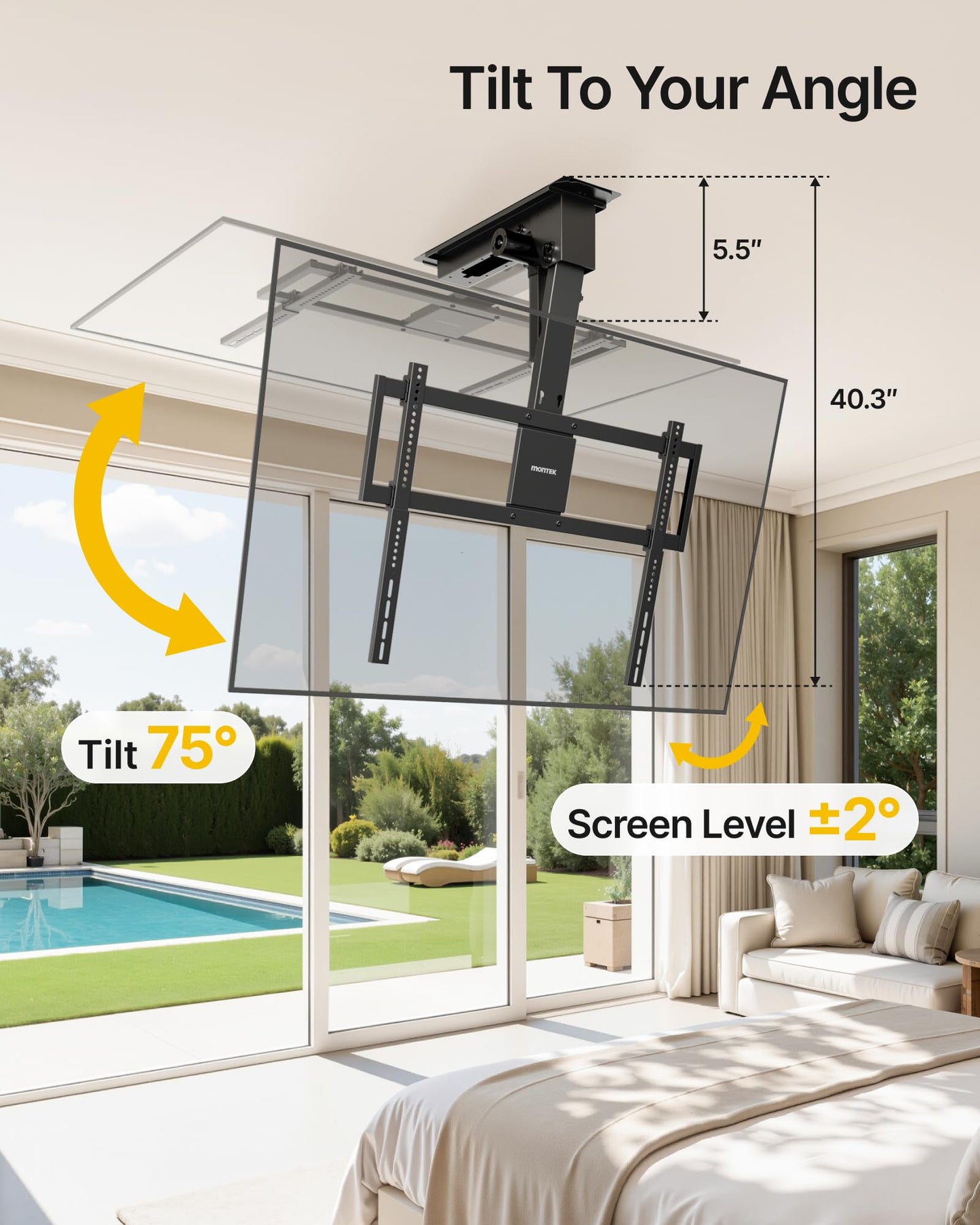 monTEK ceiling mount, 43–86”, heavy-duty, motorized, app & voice control.