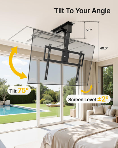 monTEK ceiling mount, 43–86”, heavy-duty, motorized, app & voice control.