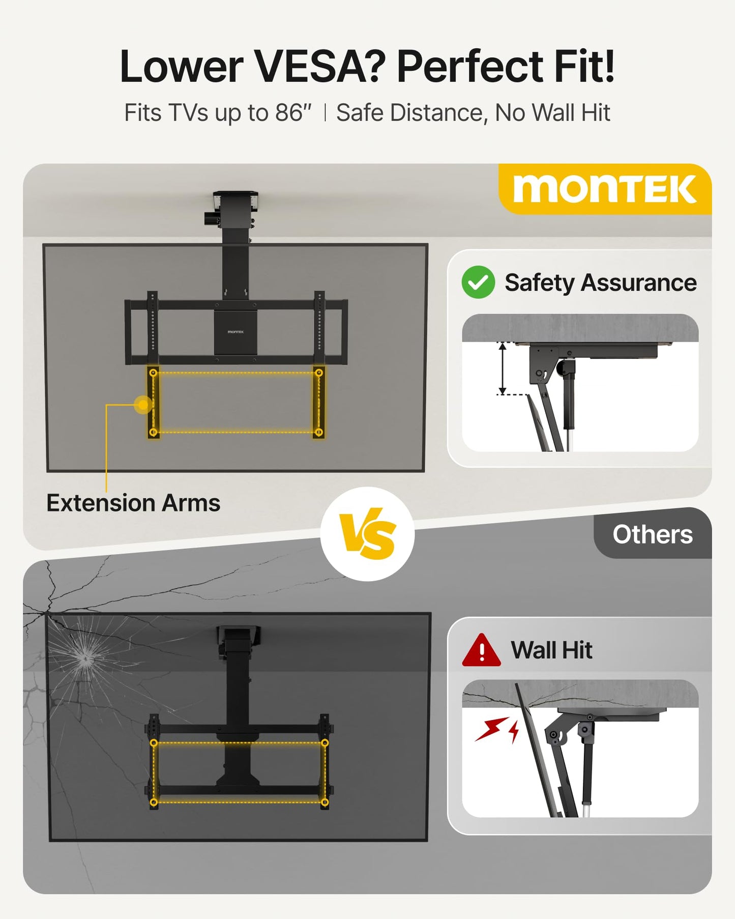 monTEK ceiling mount, 43–86”, heavy-duty, motorized, app & voice control.