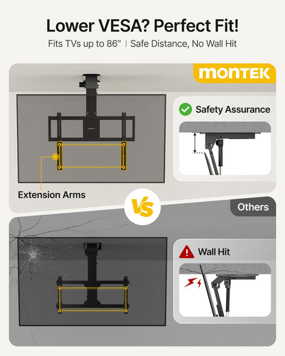 monTEK ceiling mount, 43–86”, heavy-duty, motorized, app & voice control.