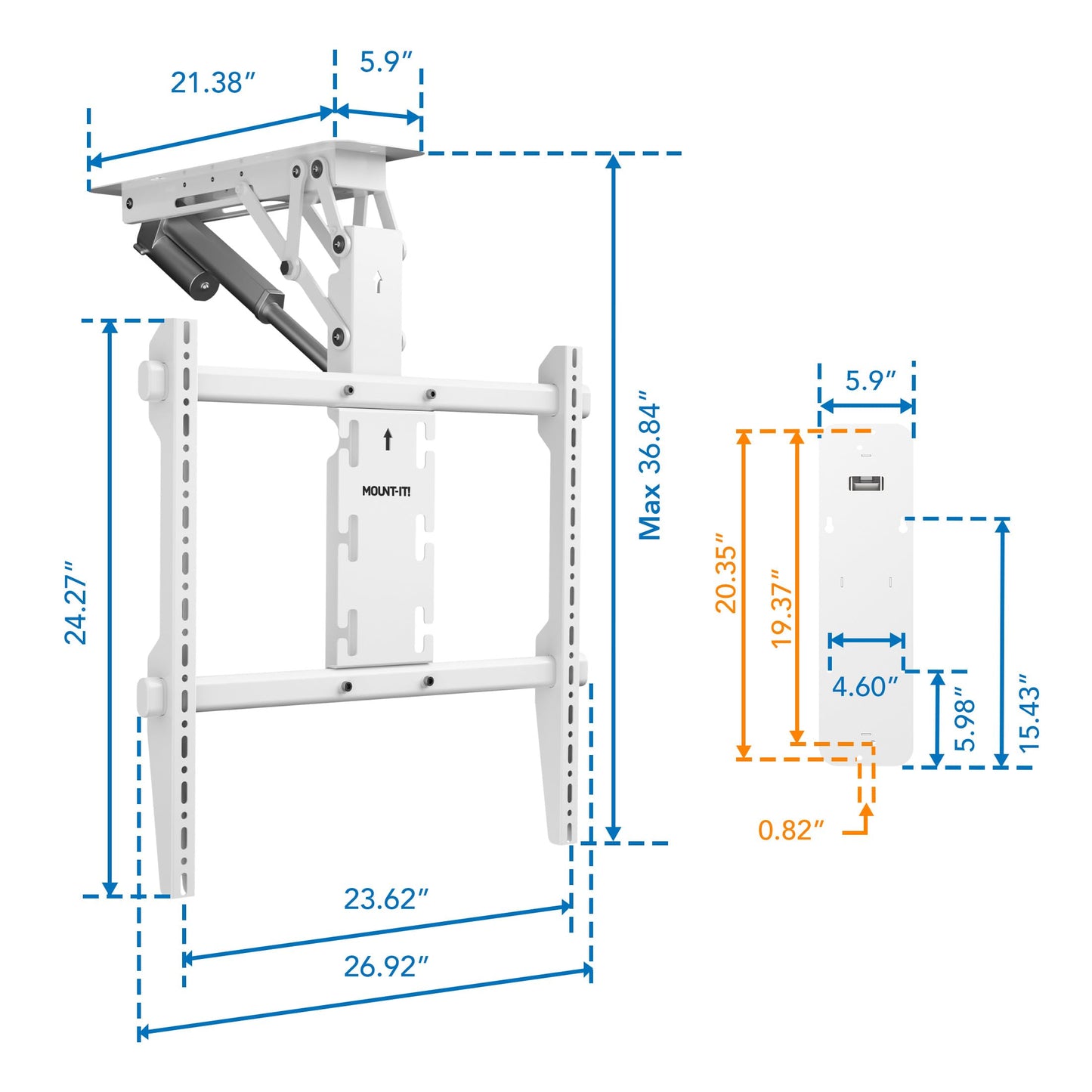 Mount-It! ceiling mount, 50–90”, motorized flip-down, space-saving, remote control.
