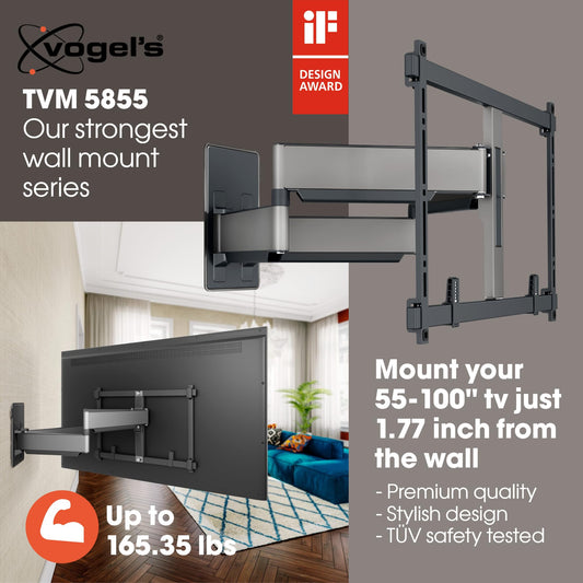 Vogel’s TVM 5855 mount, up to 100”, ultra strong, swivels 120°, 165 lbs capacity.