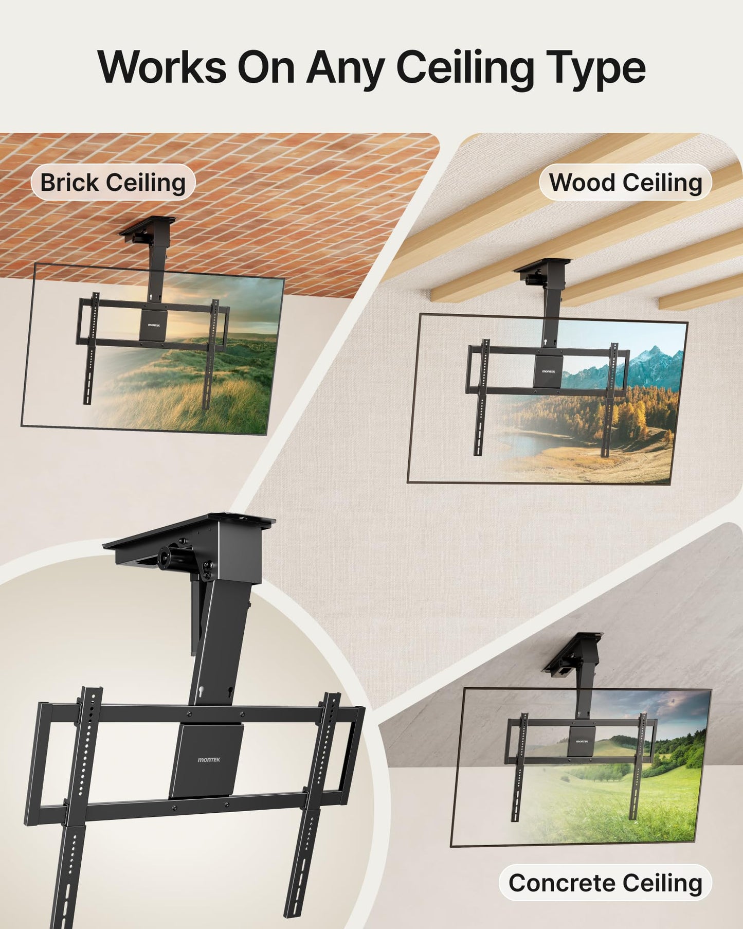 monTEK ceiling mount, 43–86”, heavy-duty, motorized, app & voice control.