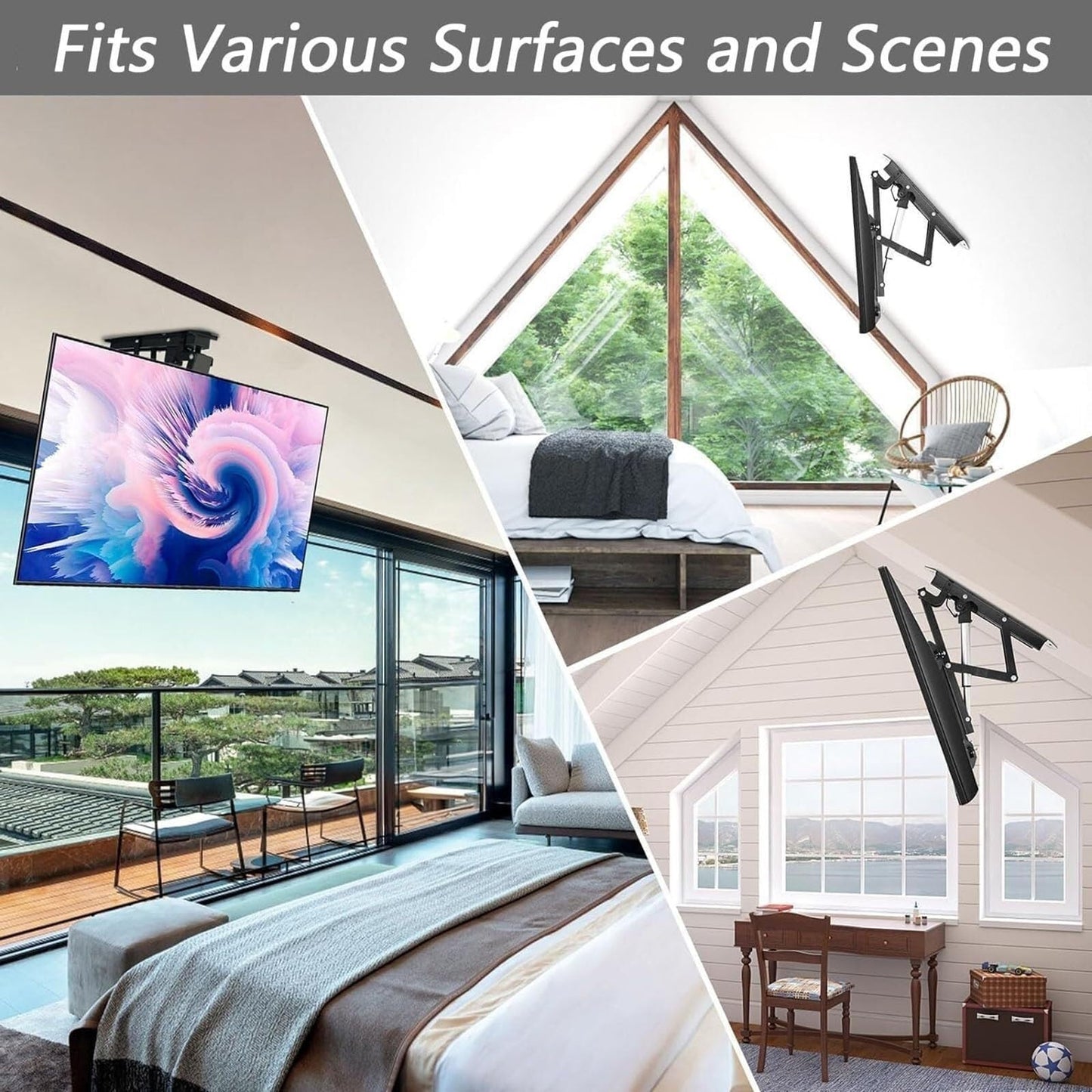 Electric ceiling TV mount, 50–90”, motorized, 0–85° fold, remote control.